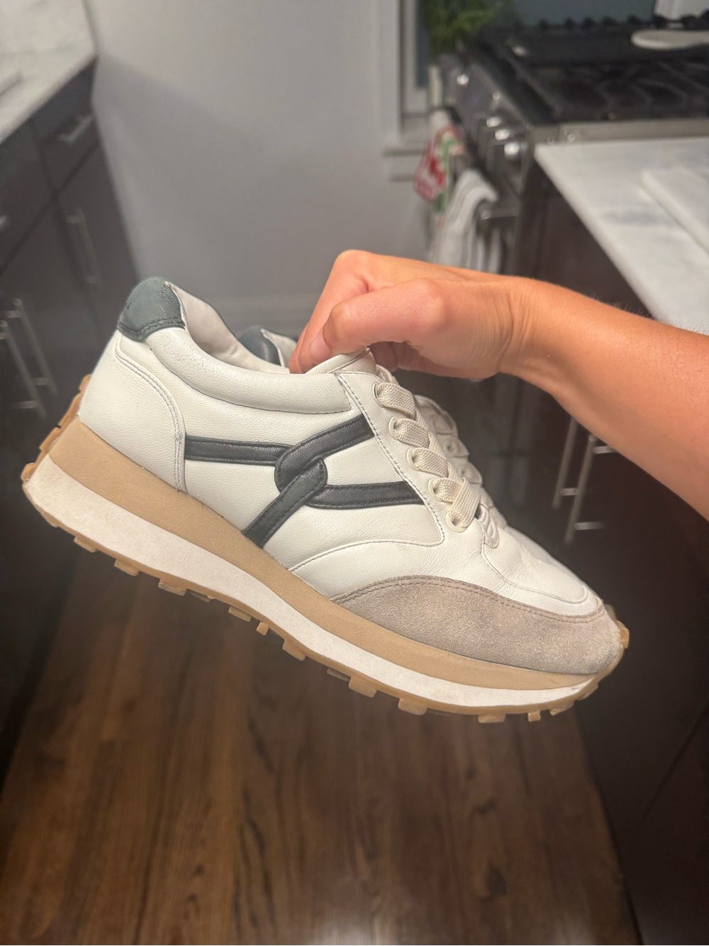 Veronica Beard Valentina White Sneakers with Tan Platform and Navy Accents - Picture 2 of 10